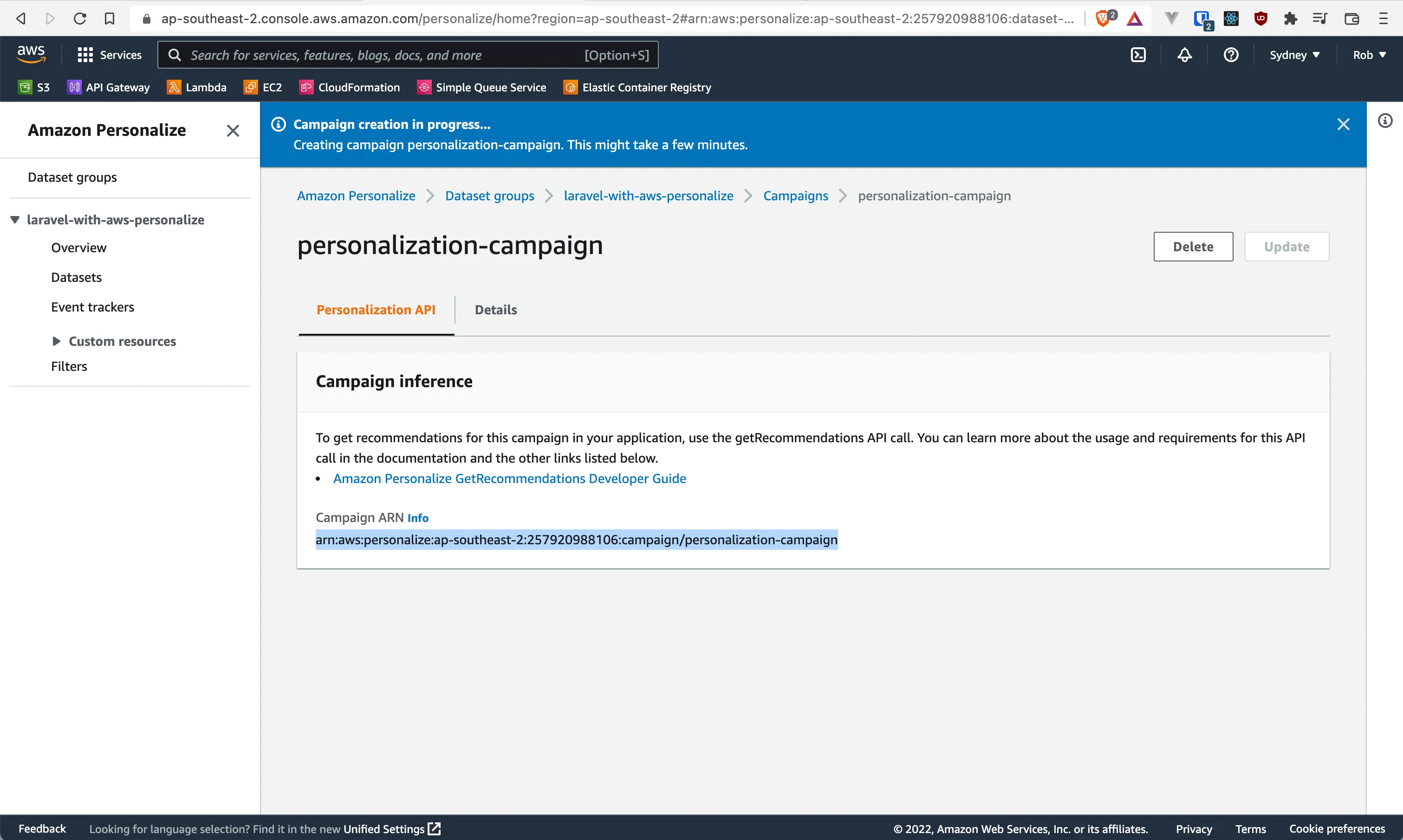 AWS Personalize Create Campaign In Progress