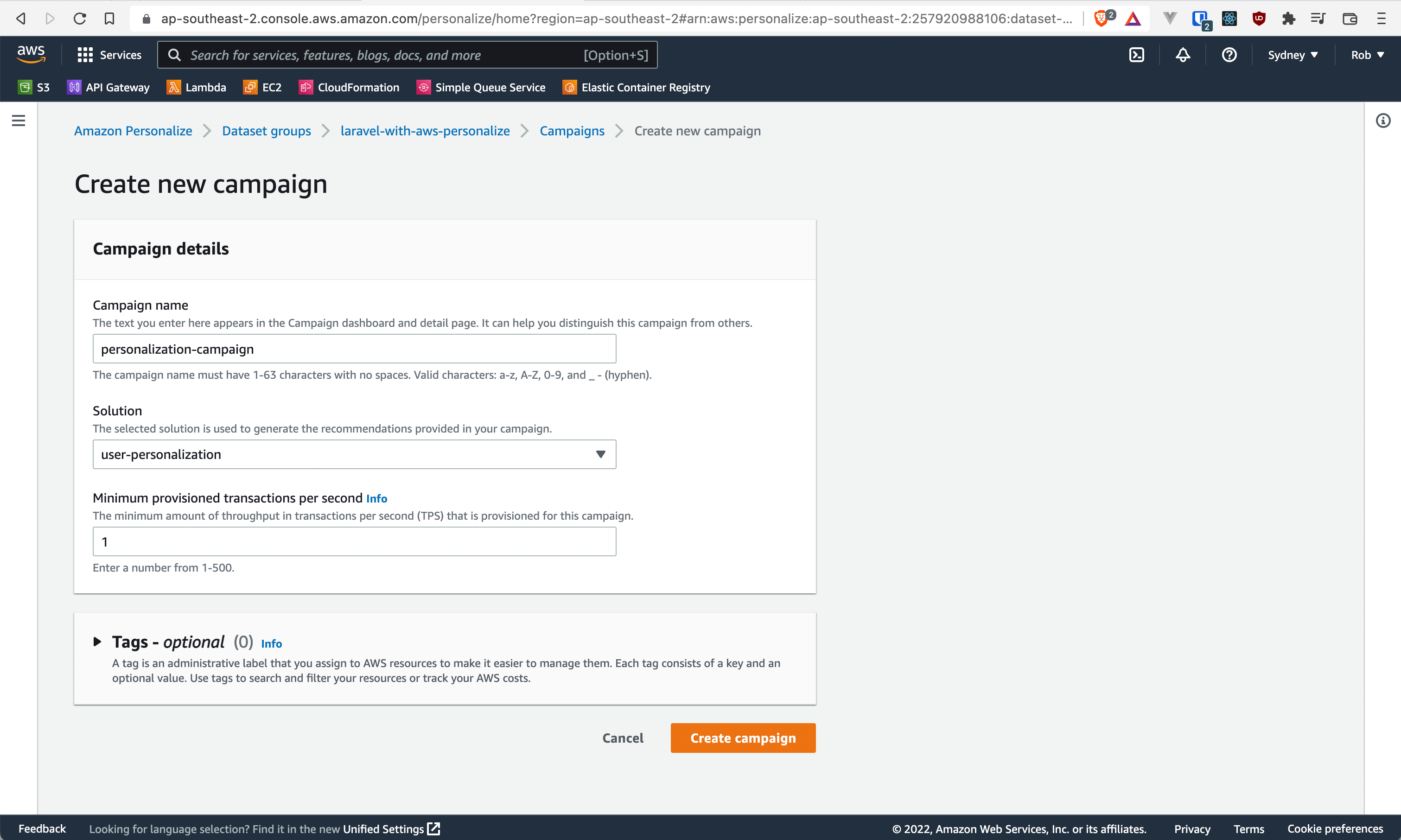 AWS Personalize Create a Campaign