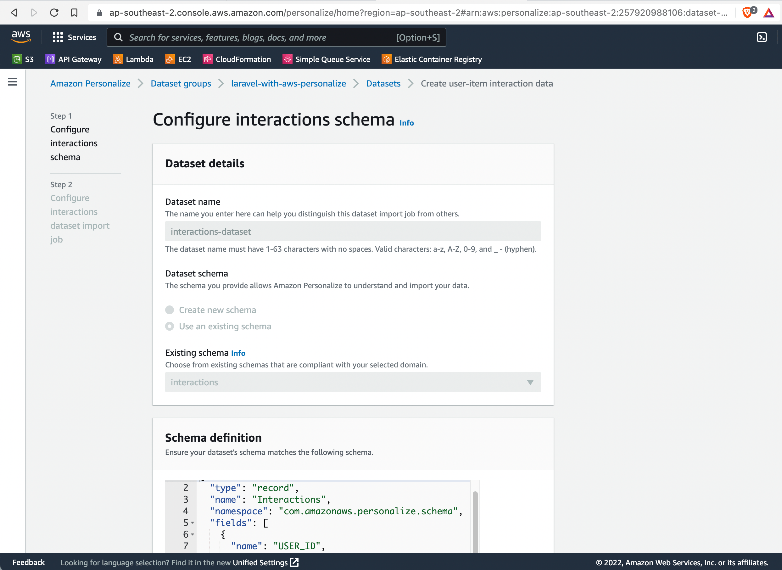 AWS Personalize Create Interactions Schema